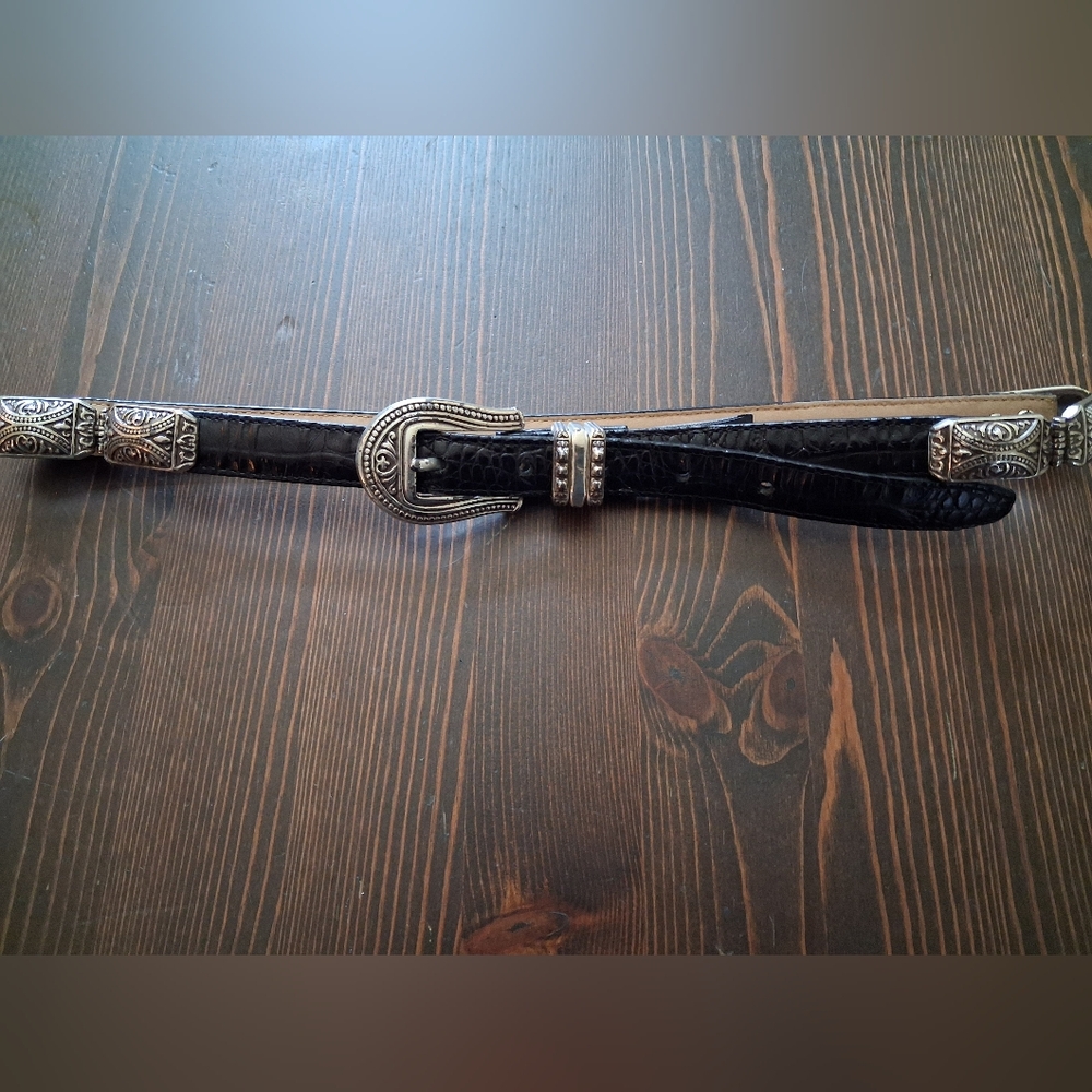 Brighton Black Croc-Embossed Leather Belt with Silver Accents